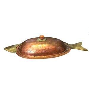 Antique Serving Dish Platter Cooking Lid Fish Seafood Oval Hammered Copper Brass